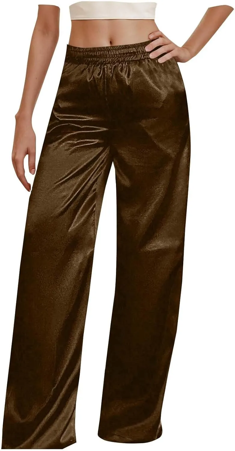 Women's Solid Casual Pants Trendy Straight Leg Elastic High Waist Palazzo Pants Loose Fit Trousers with Pockets