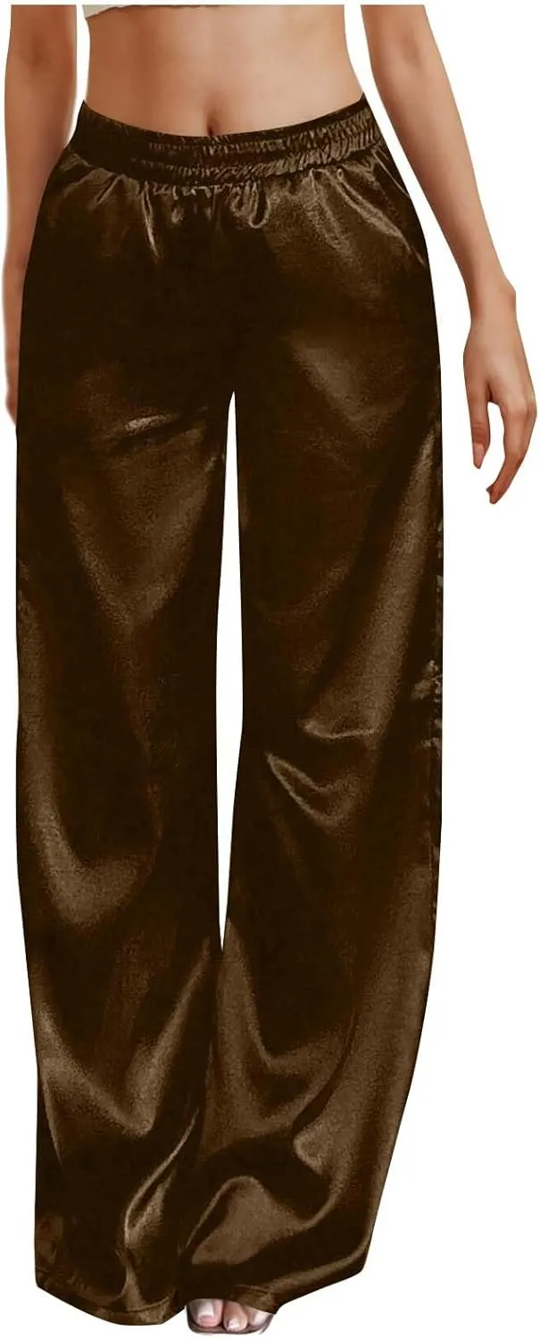 Women's Solid Casual Pants Trendy Straight Leg Elastic High Waist Palazzo Pants Loose Fit Trousers with Pockets