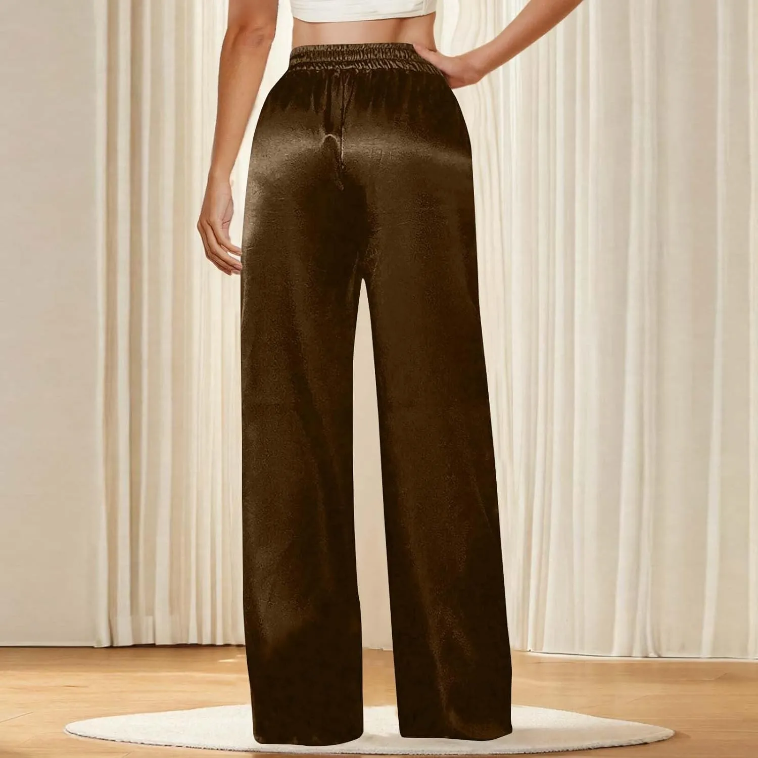 Women's Solid Casual Pants Trendy Straight Leg Elastic High Waist Palazzo Pants Loose Fit Trousers with Pockets