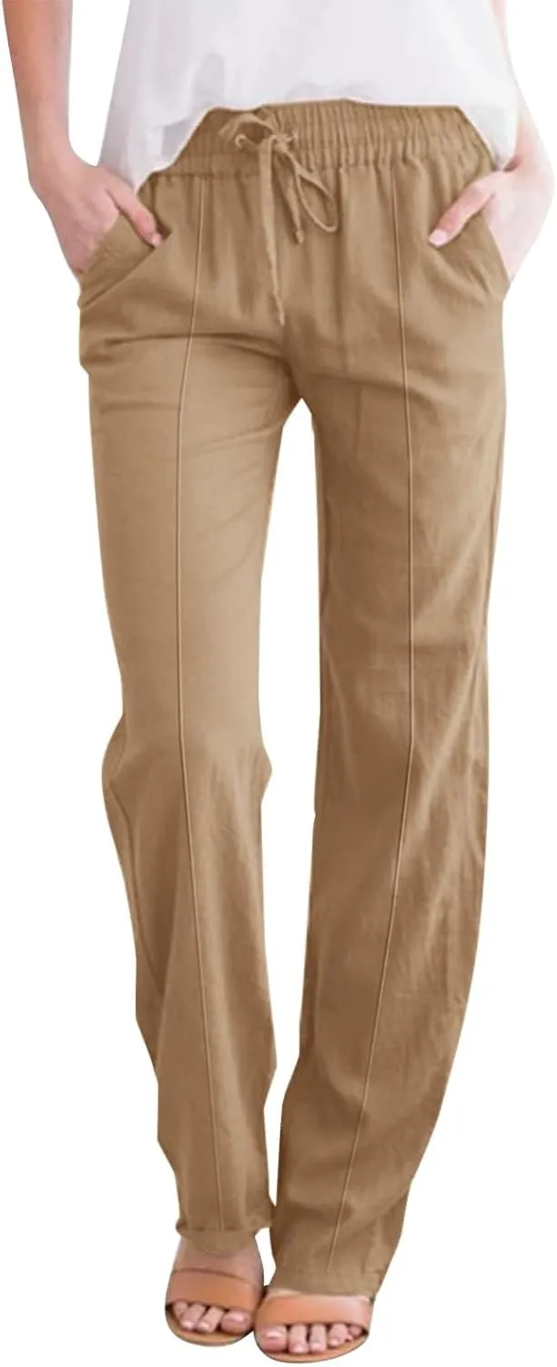 Women's Solid Cotton Linen Straight Pants Drawstring Loose Fit Summer Pants Wide Leg Trousers with Side Pockets for Causal