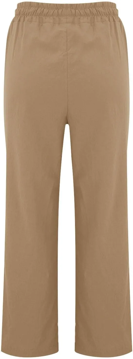 Women's Solid Cotton Linen Straight Pants Drawstring Loose Fit Summer Pants Wide Leg Trousers with Side Pockets for Causal