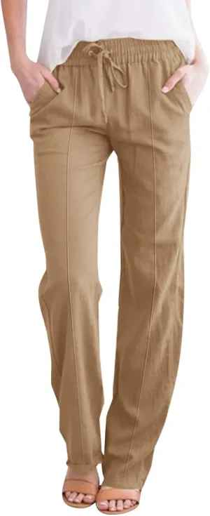 Women's Solid Cotton Linen Straight Pants Drawstring Loose Fit Summer Pants Wide Leg Trousers with Side Pockets for Causal