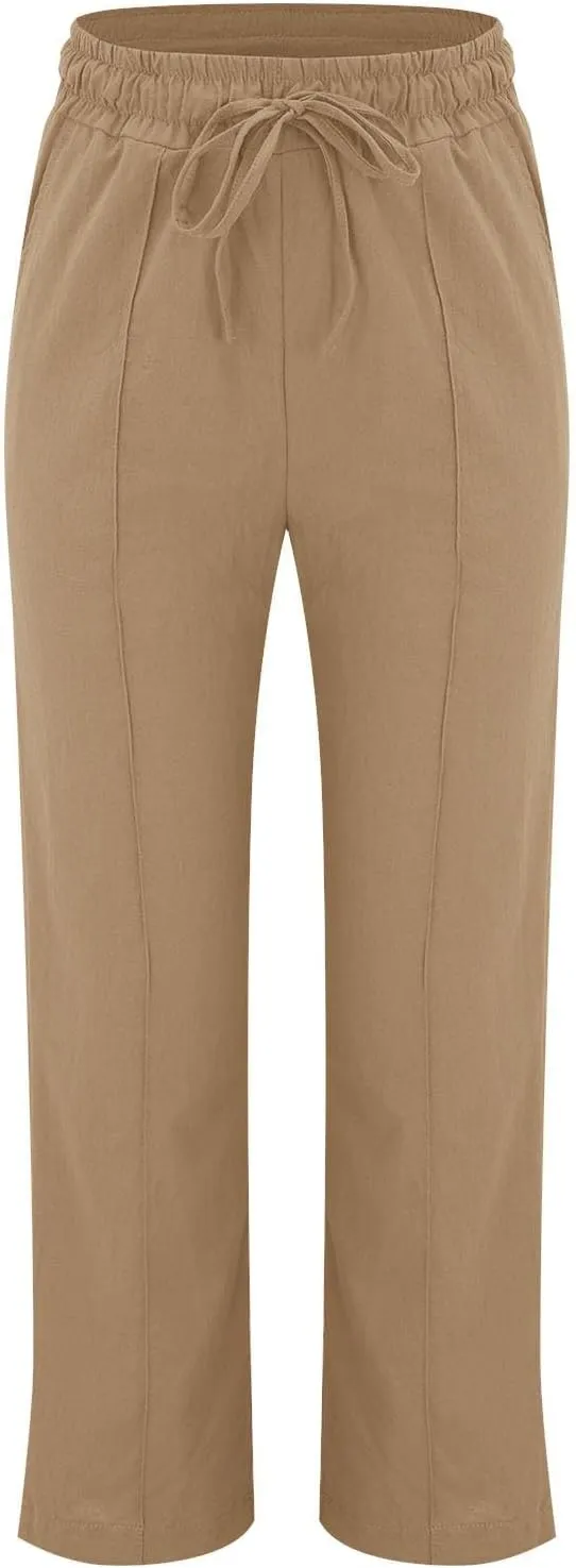 Women's Solid Cotton Linen Straight Pants Drawstring Loose Fit Summer Pants Wide Leg Trousers with Side Pockets for Causal