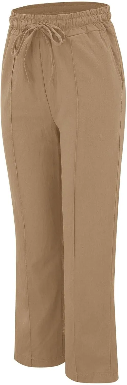 Women's Solid Cotton Linen Straight Pants Drawstring Loose Fit Summer Pants Wide Leg Trousers with Side Pockets for Causal