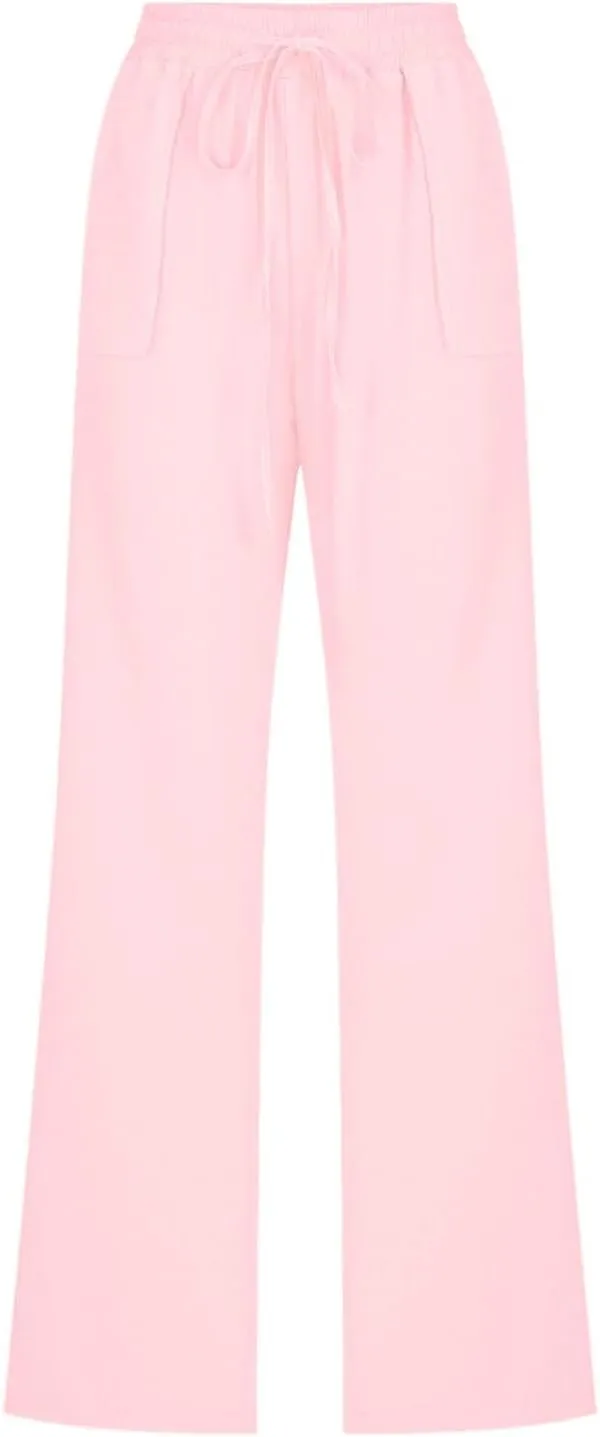 Women's Solid Cotton Linen Straight Pants Lightweight Summer Relax Fit Elastic Waist Lounge Long Trousers with Pockets
