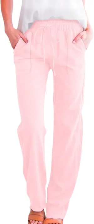 Women's Solid Cotton Linen Straight Pants Lightweight Summer Relax Fit Elastic Waist Lounge Long Trousers with Pockets