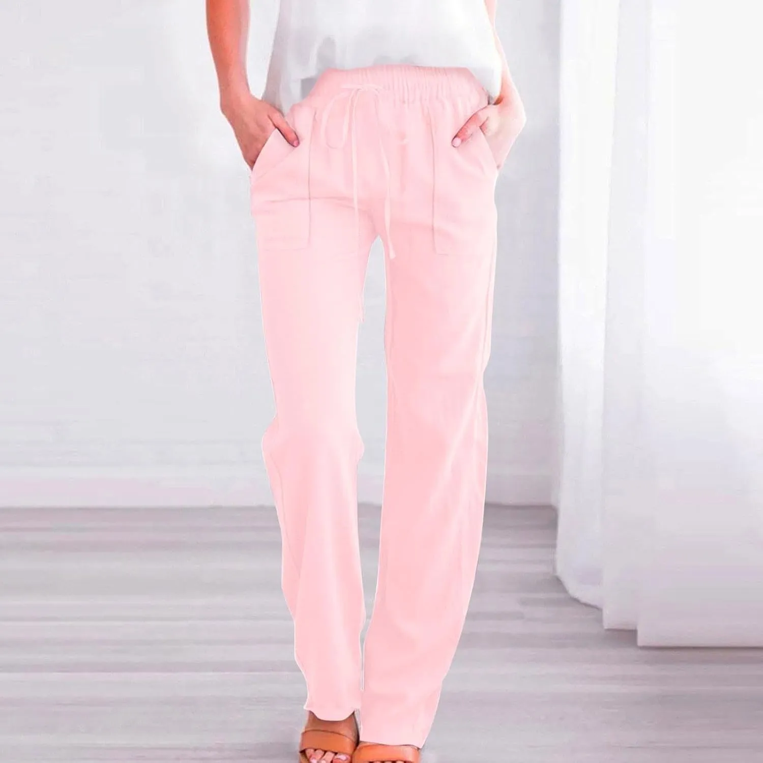 Women's Solid Cotton Linen Straight Pants Lightweight Summer Relax Fit Elastic Waist Lounge Long Trousers with Pockets