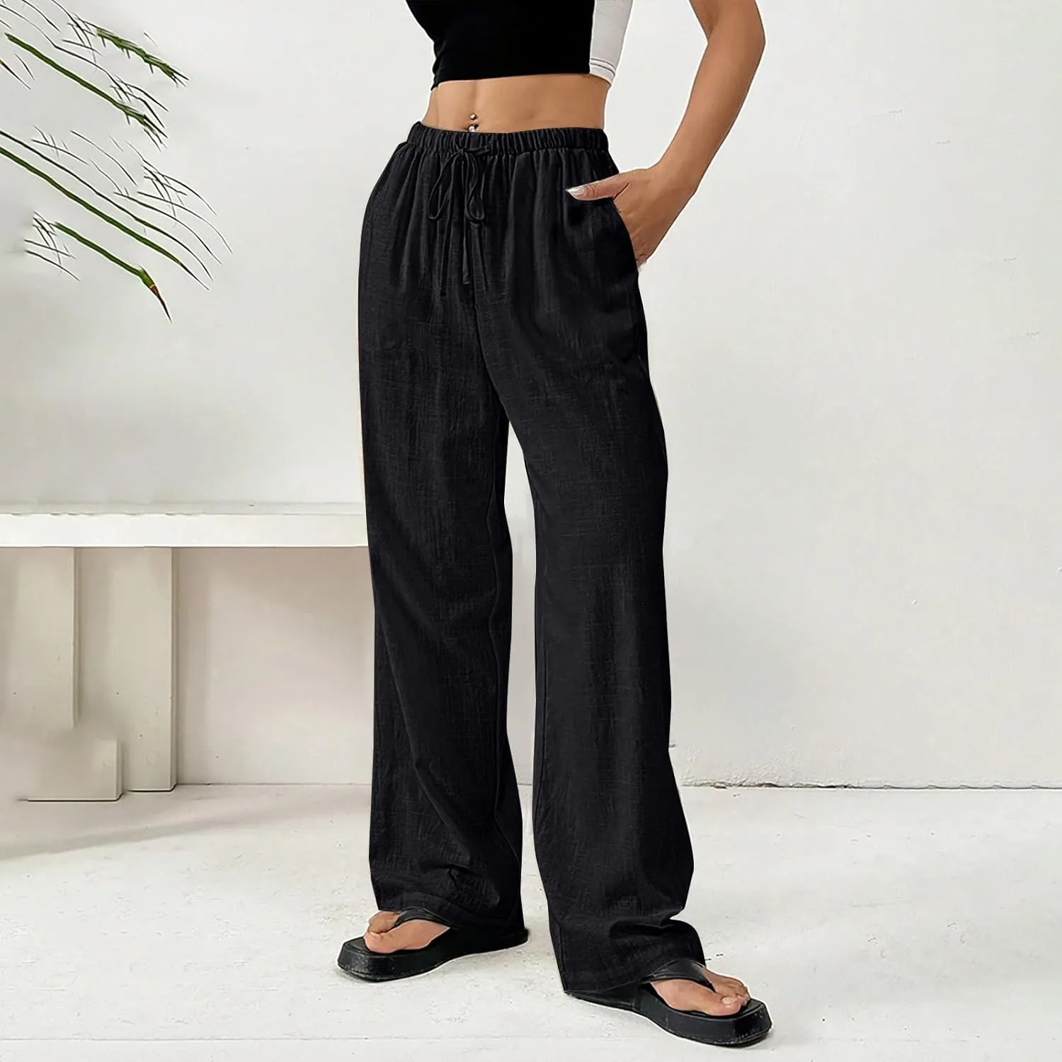 Women's Solid Cotton Linen Wide Leg Pants Drawstring Lightweight Summer Relax Fit Trouser Straight Trousers with Pockets