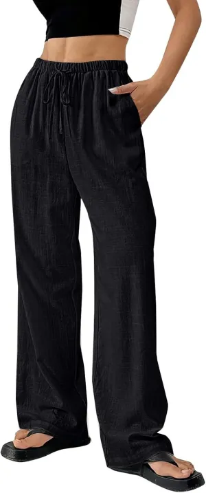 Women's Solid Cotton Linen Wide Leg Pants Drawstring Lightweight Summer Relax Fit Trouser Straight Trousers with Pockets