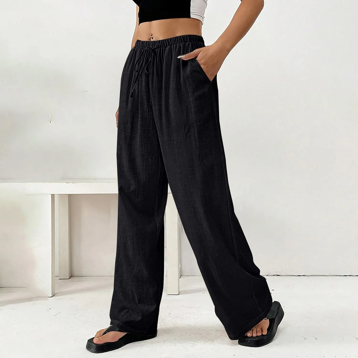 Women's Solid Cotton Linen Wide Leg Pants Drawstring Lightweight Summer Relax Fit Trouser Straight Trousers with Pockets