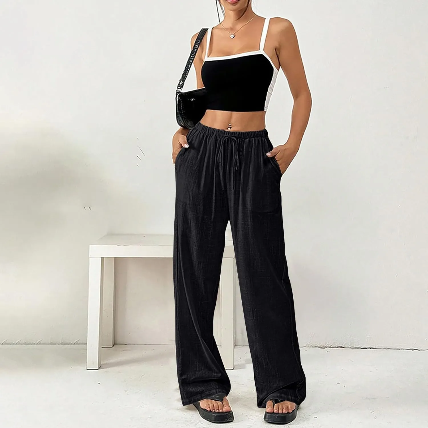 Women's Solid Cotton Linen Wide Leg Pants Drawstring Lightweight Summer Relax Fit Trouser Straight Trousers with Pockets