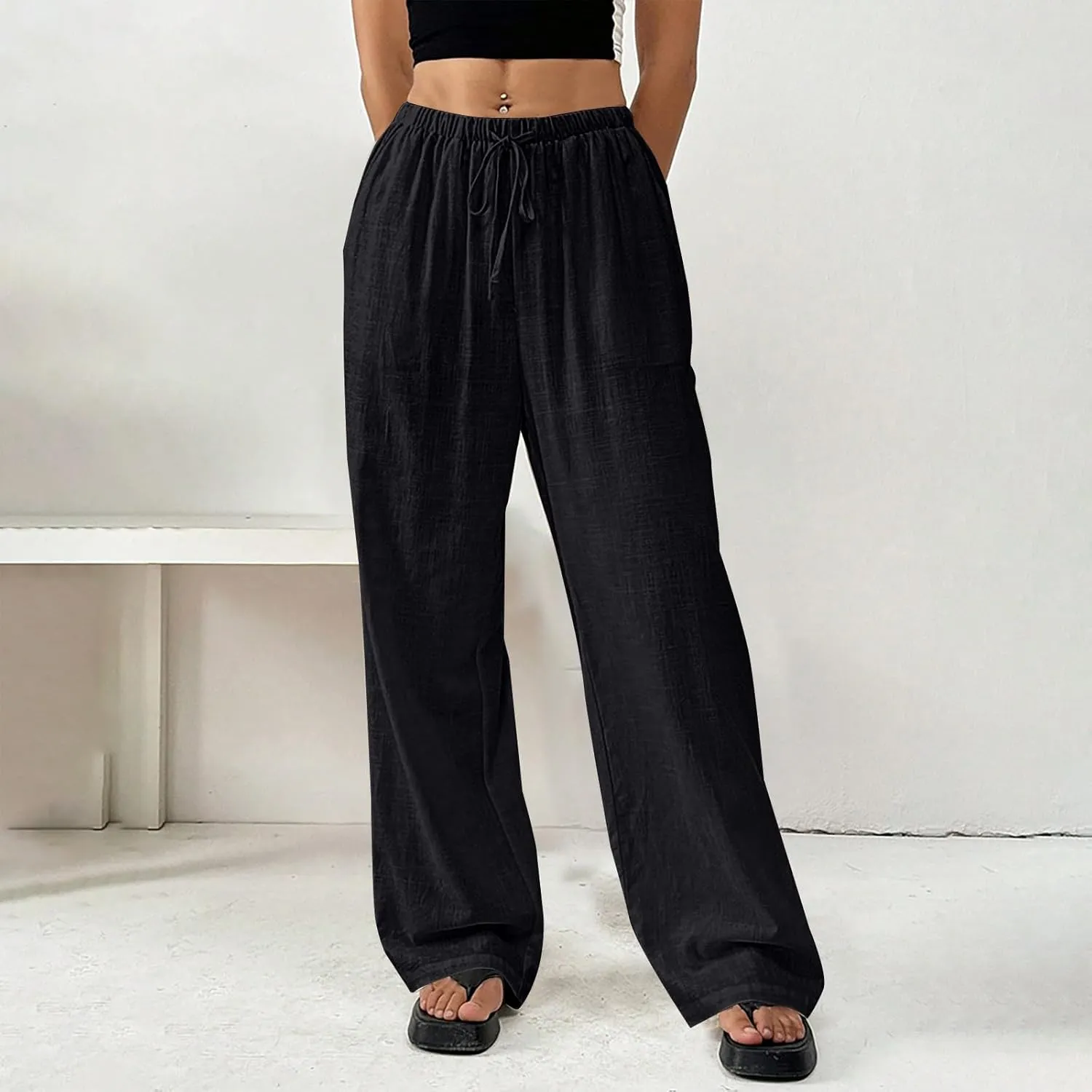 Women's Solid Cotton Linen Wide Leg Pants Drawstring Lightweight Summer Relax Fit Trouser Straight Trousers with Pockets