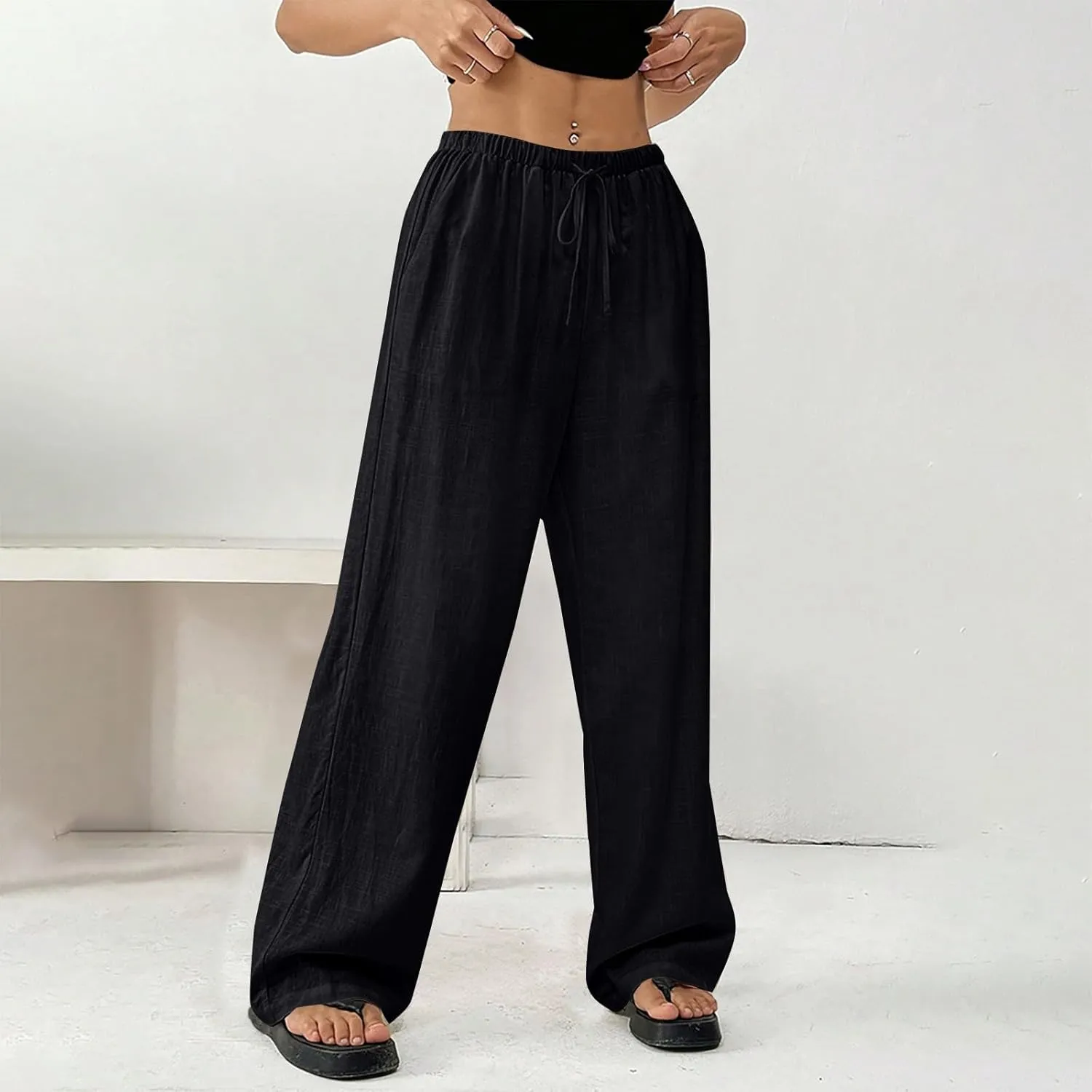 Women's Solid Cotton Linen Wide Leg Pants Drawstring Lightweight Summer Relax Fit Trouser Straight Trousers with Pockets