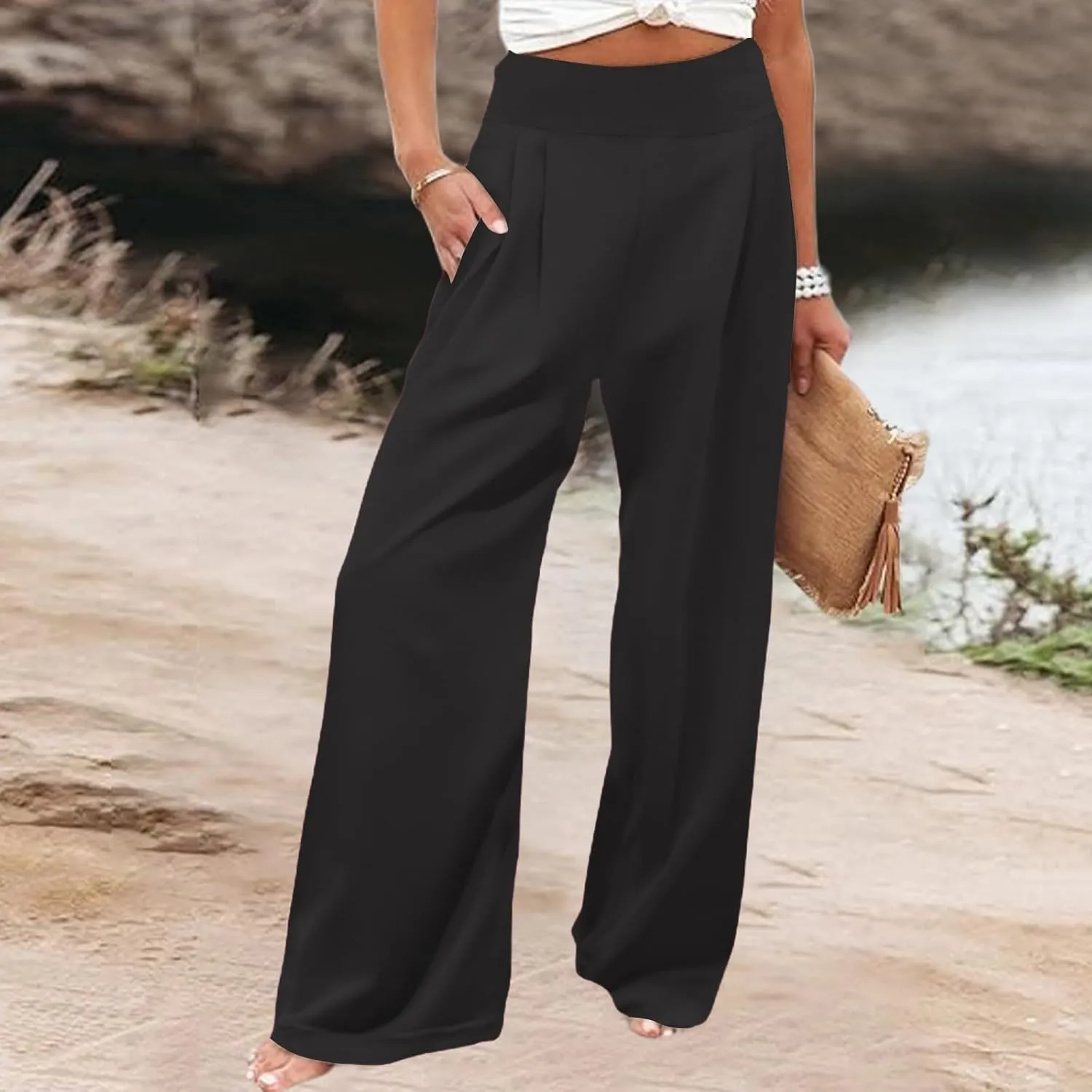 Women's Solid Cotton Linen Wide Leg Pants High Waisted Beach Comfy Casual Baggy Trousers Summer Lounge Straight Leg Pants