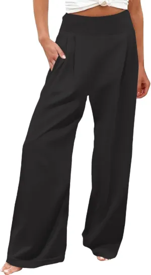 Women's Solid Cotton Linen Wide Leg Pants High Waisted Beach Comfy Casual Baggy Trousers Summer Lounge Straight Leg Pants