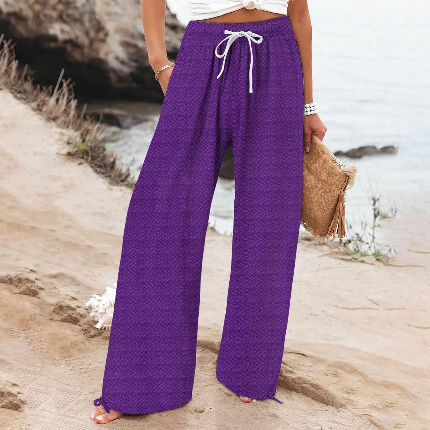 Women's Striped Cotton Linen Wide Leg Pants Summer Casual Comfy Pants with Pockets 2025 Drawstring Elastic Waist Trousers
