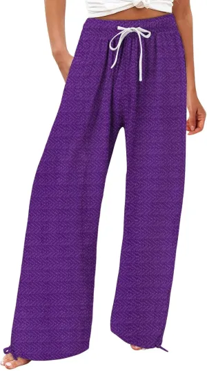 Women's Striped Cotton Linen Wide Leg Pants Summer Casual Comfy Pants with Pockets 2025 Drawstring Elastic Waist Trousers