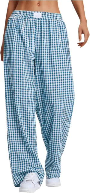 Women's Striped Gingham Boxer Pant Wide Leg Elastic Waist Pajama Lounge Pj Plaid TrousersY2K Beach Bottoms with Pocket