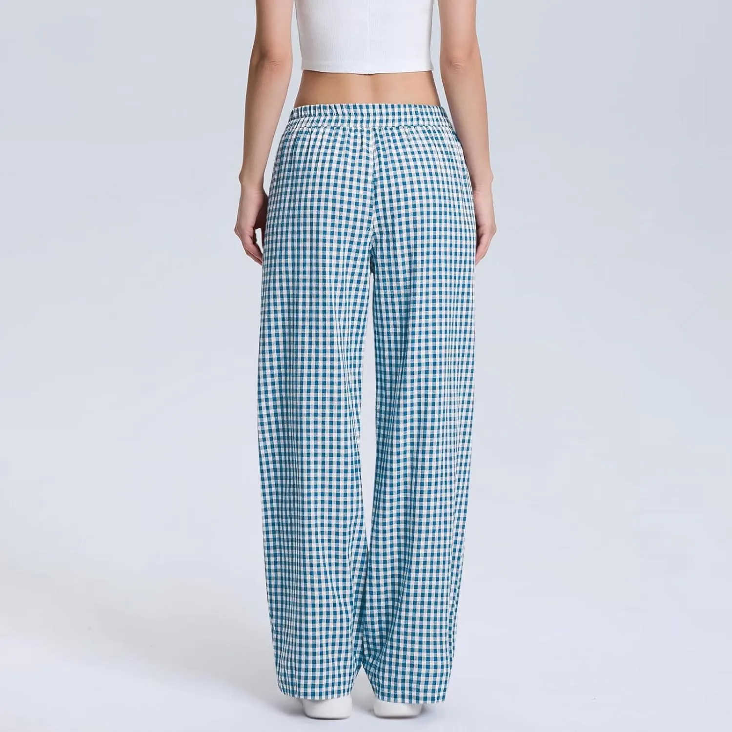 Women's Striped Gingham Boxer Pant Wide Leg Elastic Waist Pajama Lounge Pj Plaid TrousersY2K Beach Bottoms with Pocket