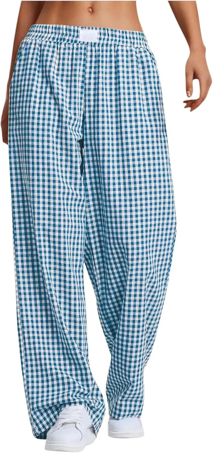 Women's Striped Gingham Boxer Pant Wide Leg Elastic Waist Pajama Lounge Pj Plaid TrousersY2K Beach Bottoms with Pocket