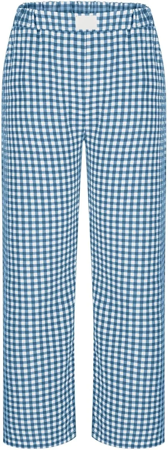 Women's Striped Gingham Boxer Pant Wide Leg Elastic Waist Pajama Lounge Pj Plaid TrousersY2K Beach Bottoms with Pocket