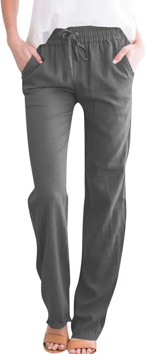 Womens Summer Casual Cotton Linen Pants Drawstring Elastic Waist Wide Leg Trousers Beach Vacation Outfits