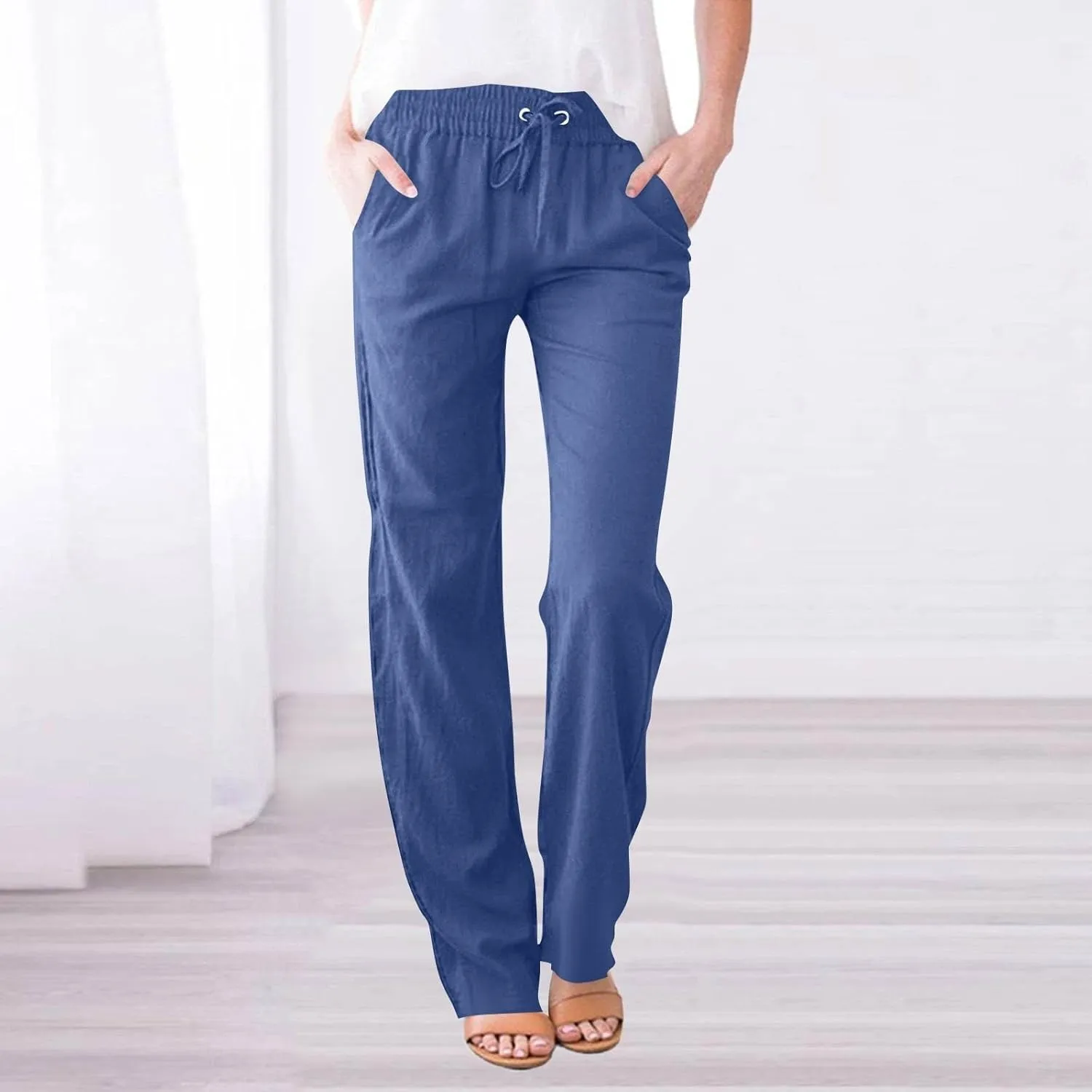 Womens Summer Casual Cotton Linen Pants Drawstring Elastic Waist Wide Leg Trousers Beach Vacation Outfits