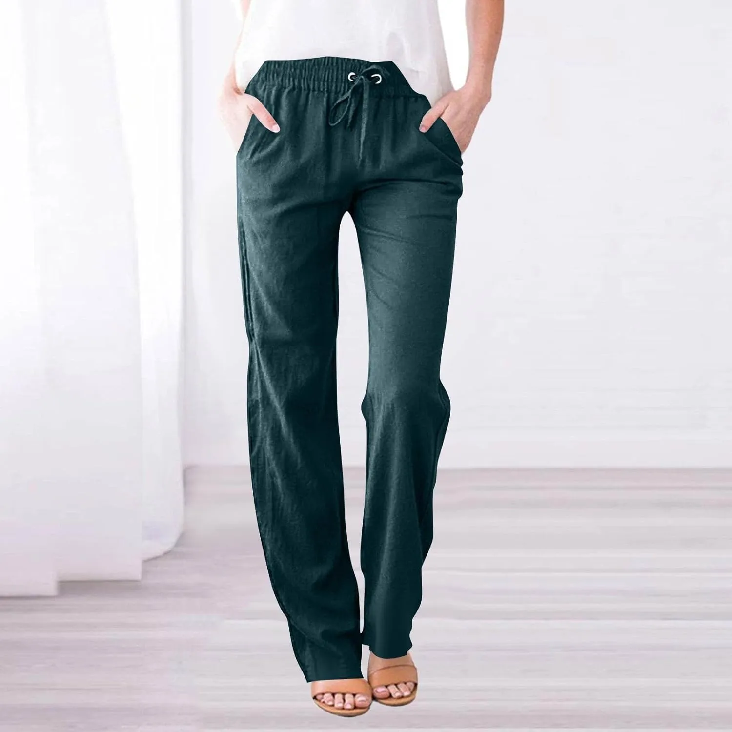 Womens Summer Casual Cotton Linen Pants Drawstring Elastic Waist Wide Leg Trousers Beach Vacation Outfits