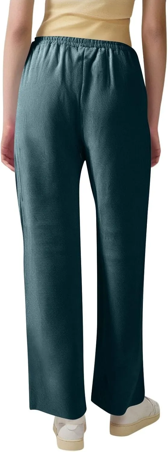 Womens Summer Casual Cotton Linen Pants Drawstring Elastic Waist Wide Leg Trousers Beach Vacation Outfits