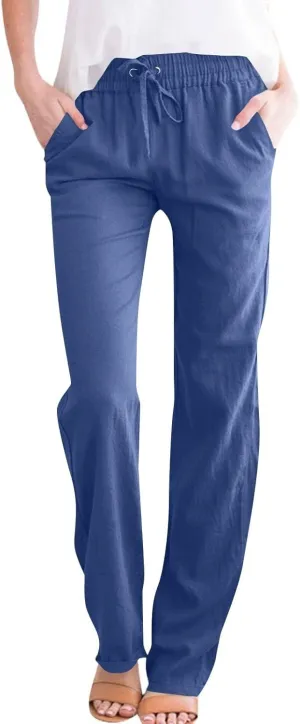 Womens Summer Casual Cotton Linen Pants Drawstring Elastic Waist Wide Leg Trousers Beach Vacation Outfits