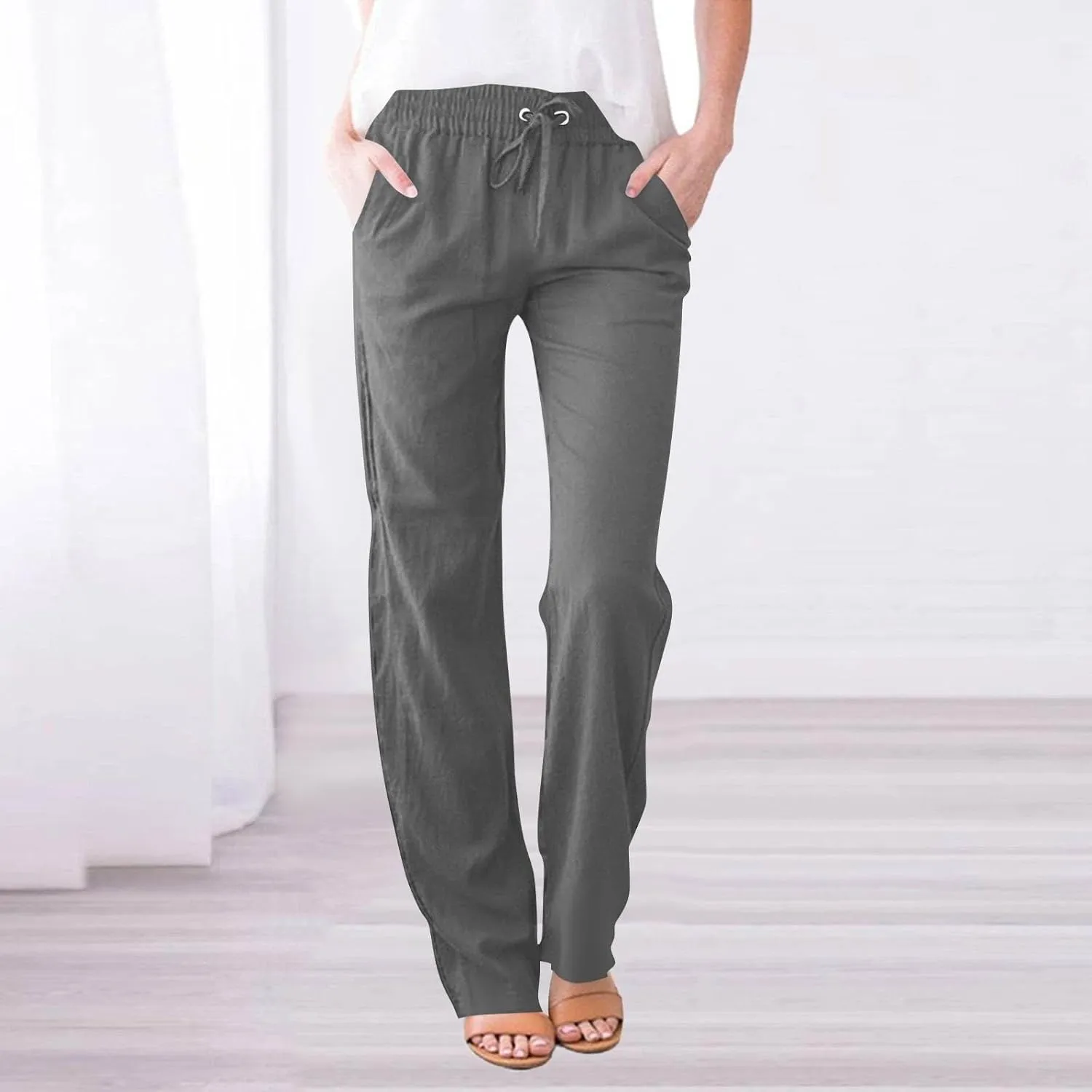 Womens Summer Casual Cotton Linen Pants Drawstring Elastic Waist Wide Leg Trousers Beach Vacation Outfits