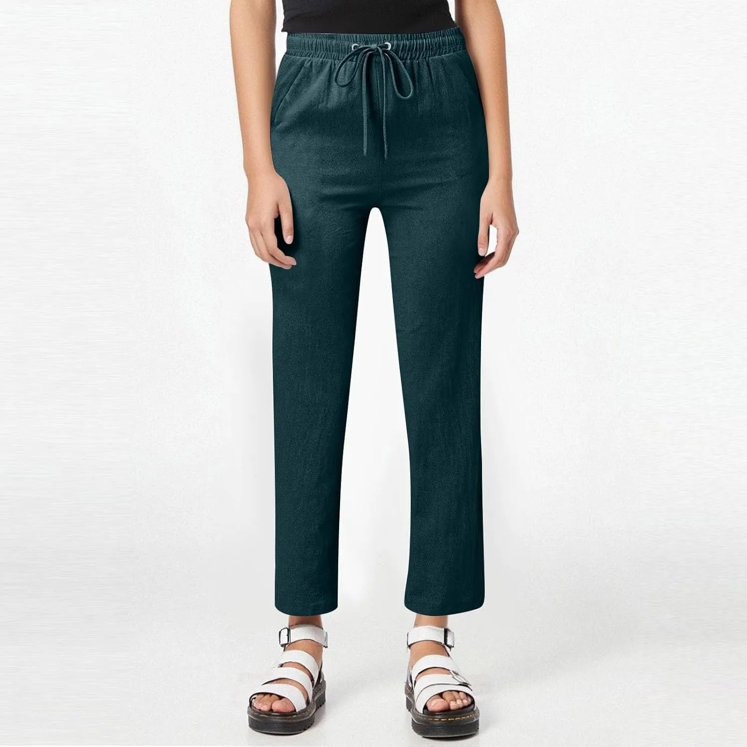 Womens Summer Casual Cotton Linen Pants Drawstring Elastic Waist Wide Leg Trousers Beach Vacation Outfits