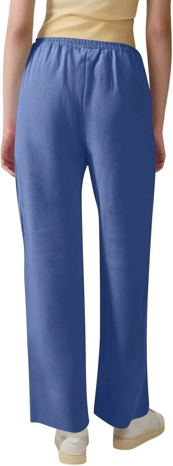 Womens Summer Casual Cotton Linen Pants Drawstring Elastic Waist Wide Leg Trousers Beach Vacation Outfits