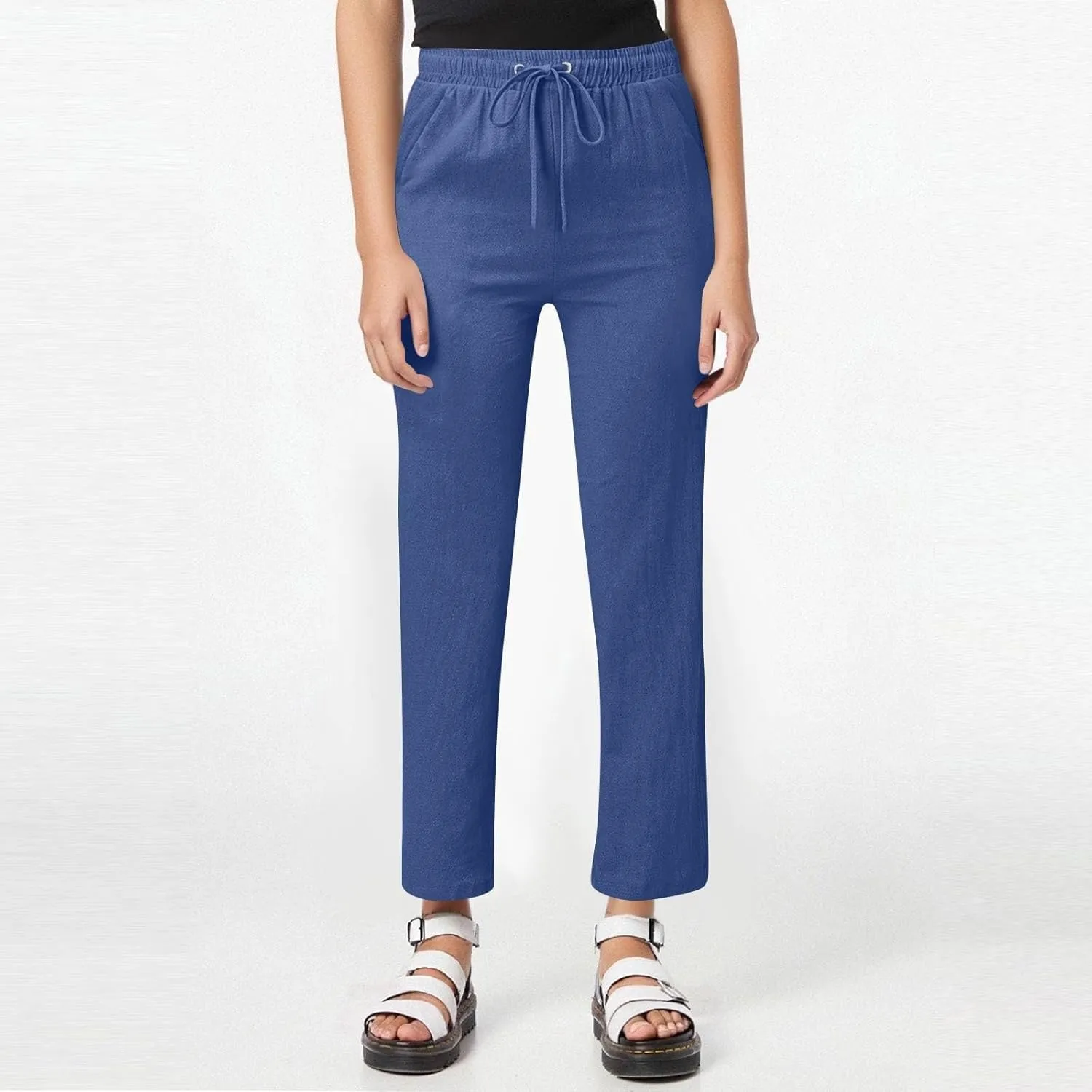 Womens Summer Casual Cotton Linen Pants Drawstring Elastic Waist Wide Leg Trousers Beach Vacation Outfits