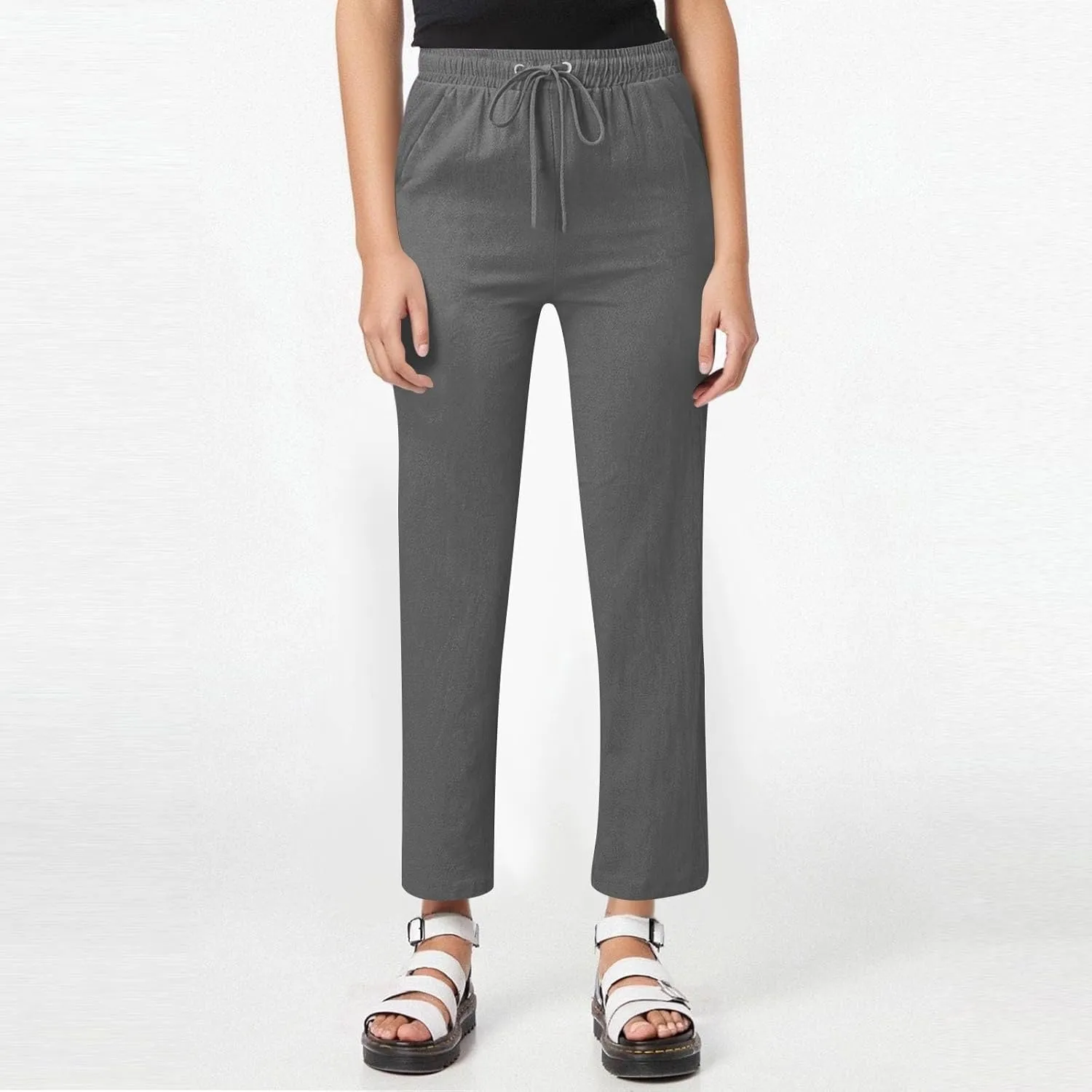 Womens Summer Casual Cotton Linen Pants Drawstring Elastic Waist Wide Leg Trousers Beach Vacation Outfits