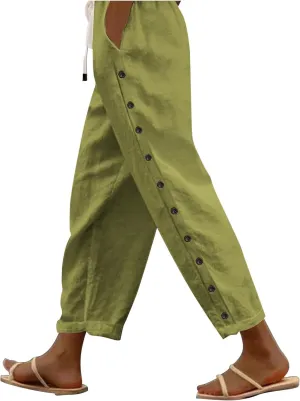 Women's Summer Casual Linen Pants Elastic Waist Relaxed Fit Straight Leg Cropped Pants Beach Trousers with Pockets