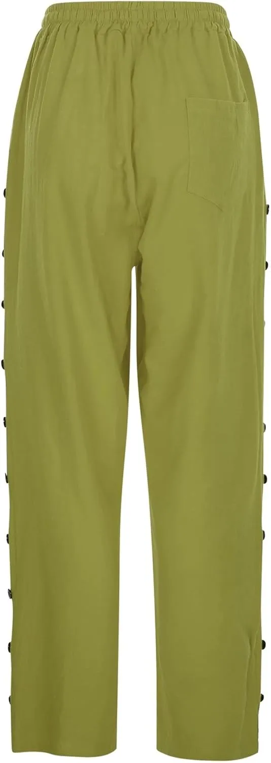 Women's Summer Casual Linen Pants Elastic Waist Relaxed Fit Straight Leg Cropped Pants Beach Trousers with Pockets