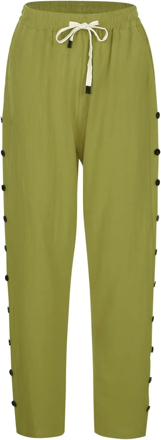 Women's Summer Casual Linen Pants Elastic Waist Relaxed Fit Straight Leg Cropped Pants Beach Trousers with Pockets