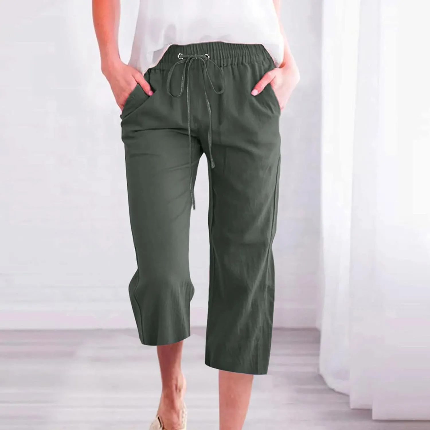 Women's Summer Cotton Linen Capri Pants Casual Solid Elastic Loose Pants Straight Leg Cropped Trousers with Pockets