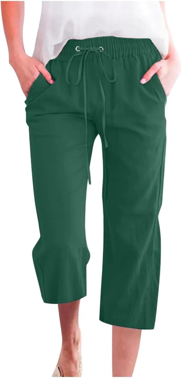 Women's Summer Cotton Linen Capri Pants Casual Solid Elastic Loose Pants Straight Leg Cropped Trousers with Pockets