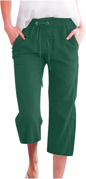 Women's Summer Cotton Linen Capri Pants Casual Solid Elastic Loose Pants Straight Leg Cropped Trousers with Pockets