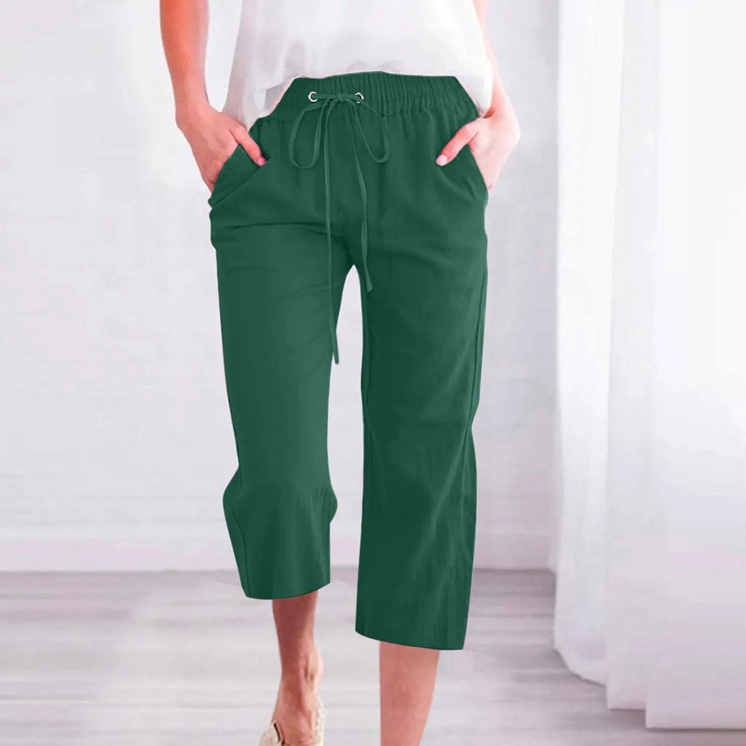 Women's Summer Cotton Linen Capri Pants Casual Solid Elastic Loose Pants Straight Leg Cropped Trousers with Pockets