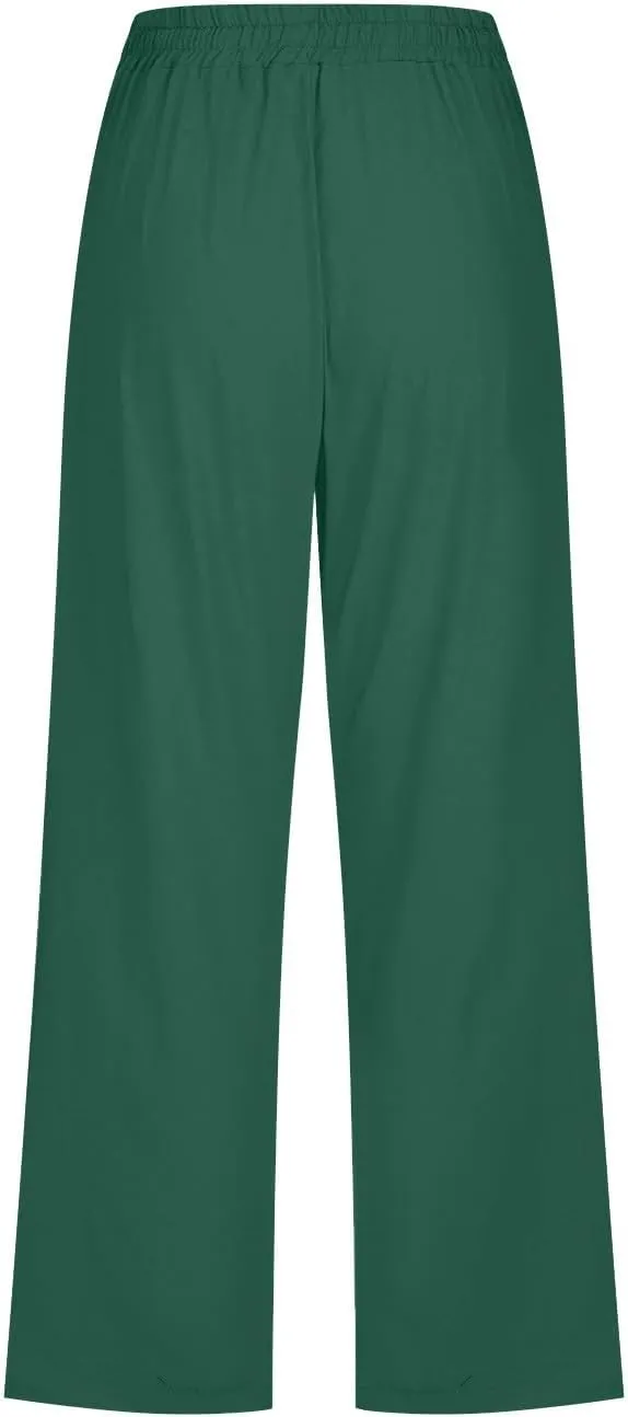 Women's Summer Cotton Linen Capri Pants Casual Solid Elastic Loose Pants Straight Leg Cropped Trousers with Pockets