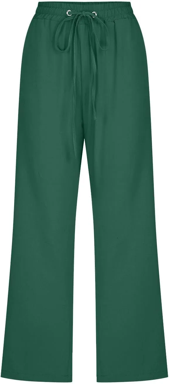 Women's Summer Cotton Linen Capri Pants Casual Solid Elastic Loose Pants Straight Leg Cropped Trousers with Pockets