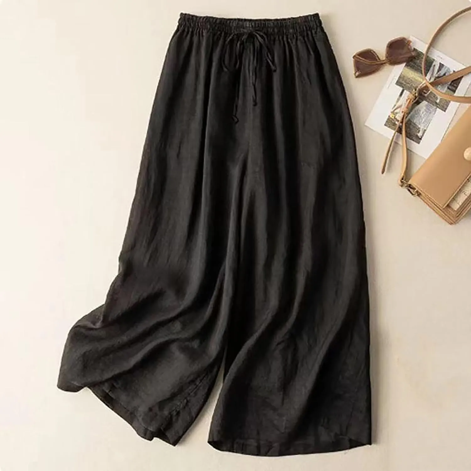 Womens Summer Cotton Linen Dress Pants Wide Legs Pure Color Pant High Waisted Drawstring Loose Trousers