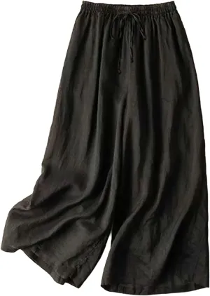 Womens Summer Cotton Linen Dress Pants Wide Legs Pure Color Pant High Waisted Drawstring Loose Trousers