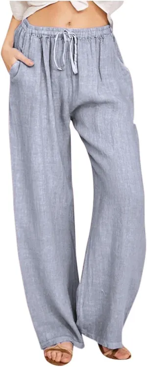 Women's Summer Drawstring Waist Wide Leg Loose Cotton Linen Palazzo Pants Lightweight Straight-Leg Casual Beach Pant
