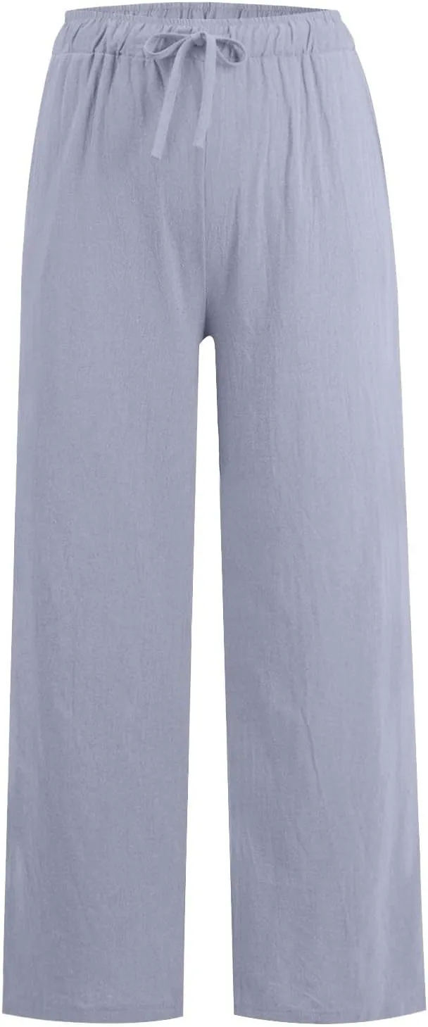 Women's Summer Drawstring Waist Wide Leg Loose Cotton Linen Palazzo Pants Lightweight Straight-Leg Casual Beach Pant