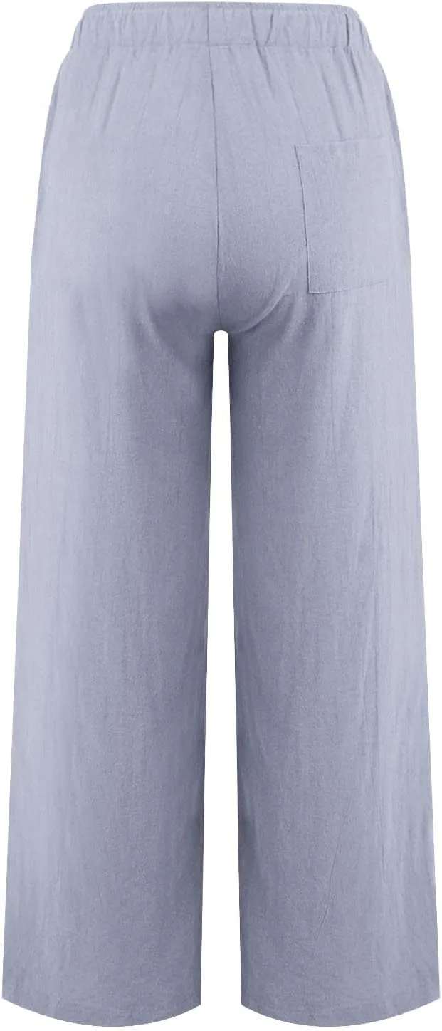 Women's Summer Drawstring Waist Wide Leg Loose Cotton Linen Palazzo Pants Lightweight Straight-Leg Casual Beach Pant