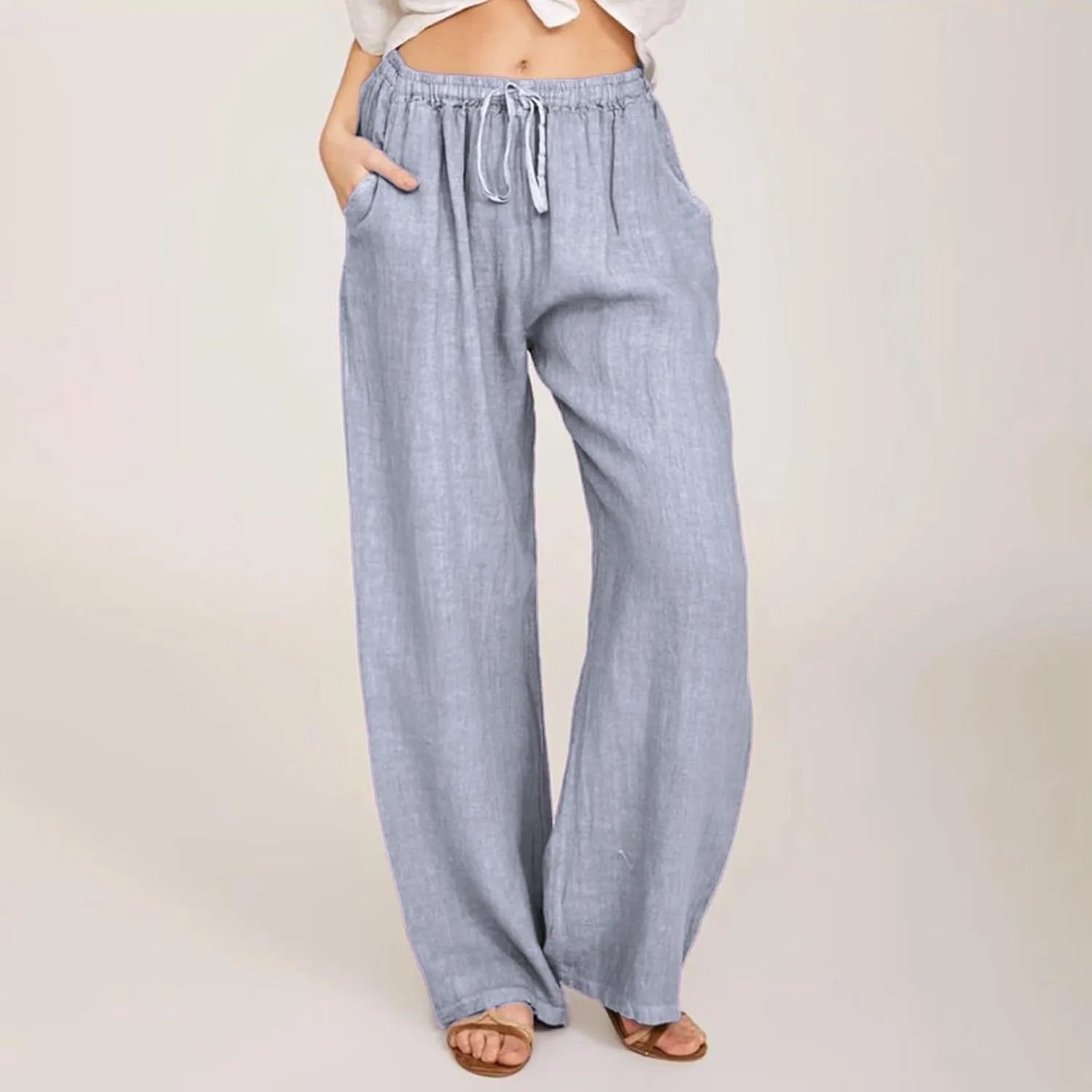 Women's Summer Drawstring Waist Wide Leg Loose Cotton Linen Palazzo Pants Lightweight Straight-Leg Casual Beach Pant